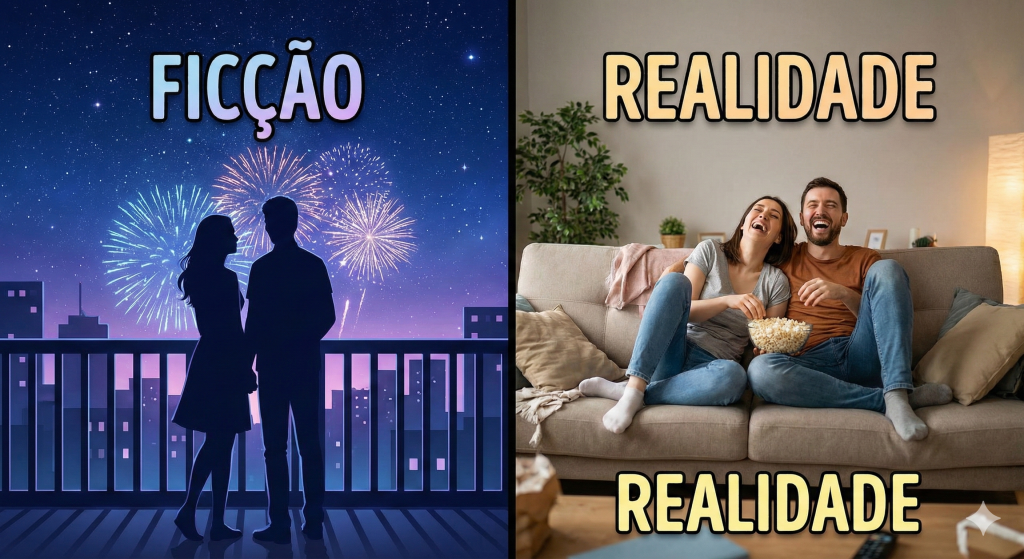 Ilustração comparando orgasmo de filme com realidade de casal feliz